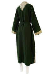 Wonderful 1920s Antique Hand Embroidered Crewel Deep Forest Green Wrap Robe or Coat