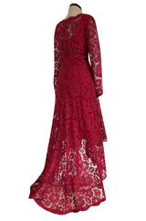 1986 Arnold Scaasi Couture Deep Red Lace Dress w Rhinestone Detailing & Trained Back Skirt