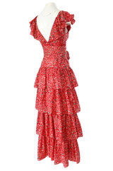 Prettiest 1970s Oscar de la Renta Tiered & Ruffled Tiny Floral Red Dress