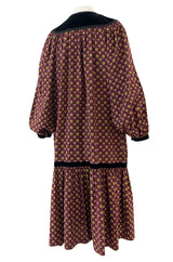 Fall 1977 Yves Saint Laurent Pretty Floral Printed Silk Smock Dress w Velvet Detailing