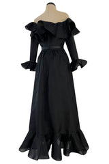 Gorgeous 1972 Nina Ricci Black Silk Gazaar Off Shoulder Dress W Ruffled Finishes