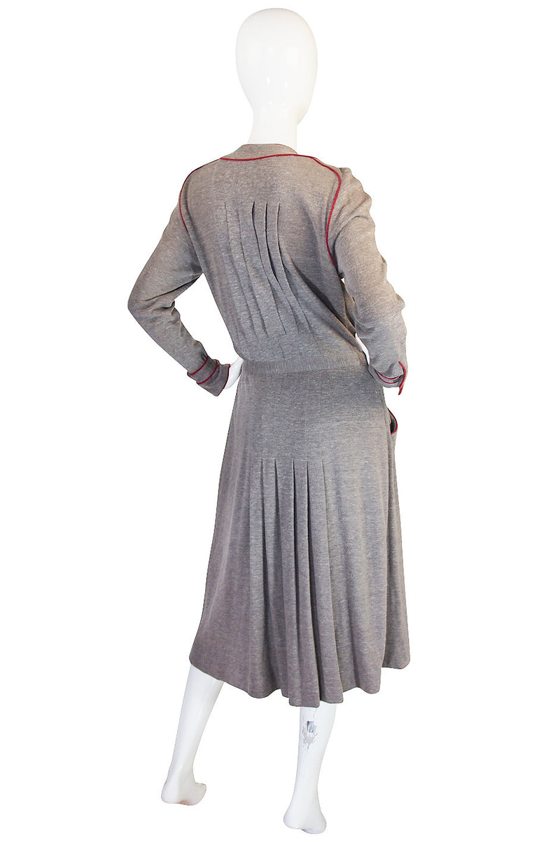1980s Soft Grey Wool Chanel Button Front Day Dress