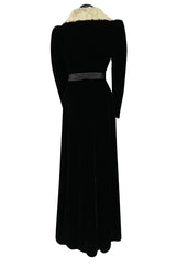 Exceptional 1920s I Magnin Inky Black Velvet Coat w Extravagant White Ermine Collar