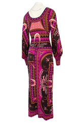 1960s Emilio Pucci Pink Floral & Ribbon Print Silk Jersey Dress w Matching Silk Chiffon Scarf
