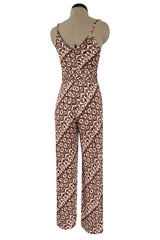 Rare 1970s Emilio Pucci Printed Taupe & White Silk Jersey Halter Jumpsuit w Belt