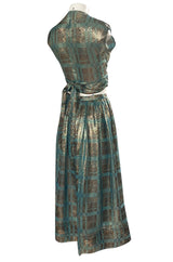 1980s Geoffrey Beene Gold & Turquoise Silk Lame Metallic Skirt & Top Set