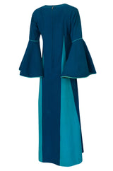 1960s Josefa Hand Embroidered Ocean Blue & Turquoise Bell Sleeve Caftan