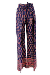 Fantastic 1970s Bill Blass Wrap & Tie Indian Cotton Pants w Red & Gold Print