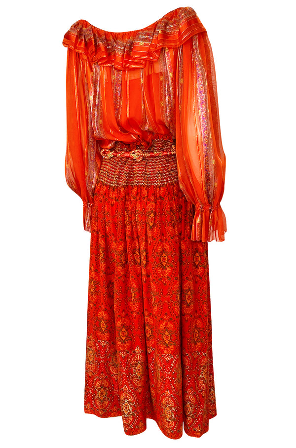 Late 1970s Oscar De La Renta Ribbon Silk Chiffon Four Piece Coral Skirt Set
