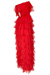 c.1977 Valentino Strapless Silk Chiffon Red Ruffle Full Length Dress