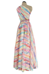 Spectacular 1970s Oscar de la Renta One Shoulder Lightweight Chiffon Rainbow Stripe Dress