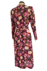 Pristine 1970s Jean-Louis Scherrer Haute Couture Pink Floral Print Silk Dress w Banded Waist