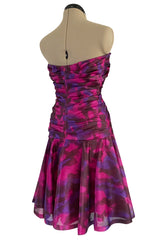 1980s Loris Azzaro Couture Strapless Deep Pink & Purple Printed Silk Mini Dress w Flare Skirt