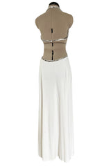 Stellar 1970s Luis Estevez Backless White Jersey Dress w Silver Studded Front