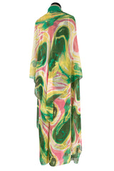 More Recent Unlabeled Vintage Flowing Silk Chiffon Jumpsuit in Pinks & Greens