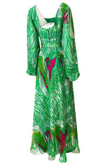 1970s Brilliant Green w Bright Pink Accents Printed Ribbon Silk Chiffon Full Length Maxi Dress