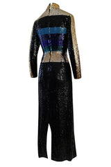 Late 1970s Pierre Cardin Blue Green & Gold Striped Black Sequin Dress w High Collar
