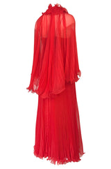 1970s Alfred Bosand Red Chiffon Accordion Pleat Dress & Matching Cape