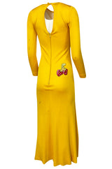 Early 1970s Bob Mackie Ray Aghayan Yellow Jersey Dress w Sequin Fruit