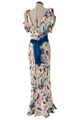Romantic 1930s Floral Print Bias Cut Silk Dress w Ruffle & Blue Ribbon Detailing