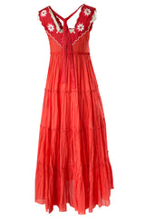 Fall 2019 Innika Choo Tiered Coral Cotton Full Length Embroidered Sun Dress