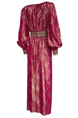 1980s Adele Simpson Pink & Gold Metallic Lame Beaded Dress w Beading