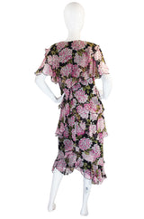1970s Pink Floral Holly Harp Tiered Silk Dress