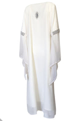 1970s Elaborate Silver, Pearl & Bead Covered Jeweled White Chiffon Caftan Dress