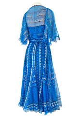 1980s Zandra Rhodes Hand Painted Silver on Blue Silk Caftan Dress w Wrap Belt & Matching Scarf