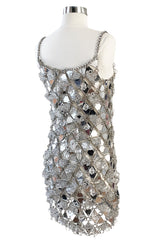 c.1967 Paco Rabanne Couture Mirrored Triangle, Metal, Rhinestone & Beaded Mini Dress w Matching Bag
