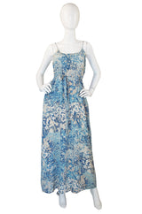 1970s Oscar De La Renta Blue Silk Print Dress