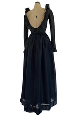 1972 Bill Blass Black Silk Taffeta Dress w Attached Silk Organza Skirt & Open Ruffled Back