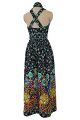 Prettiest Early 1970s Oscar de la Renta Floral Printed Halter Dress w Crossed Strap Open Back