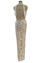 Feather Light Spring 1984 John Anthony Couture Plunging Ivory Lace Dress w Sequin Detailing