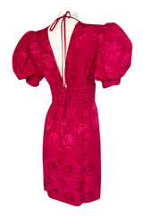 1980s Wayne Clark Pink Silk Plunging Neckline & Huge Pouf Sleeve Dress
