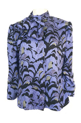1980s Jean Louis Scherrer Blue Printed Silk Top w Asymmetrical Tie Neck
