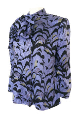 1980s Jean Louis Scherrer Blue Printed Silk Top w Asymmetrical Tie Neck