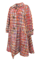 Early 1960s Christian Dior Pink & Coral Textured Weave Boucle Swing Coat