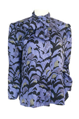 1980s Jean Louis Scherrer Blue Printed Silk Top w Asymmetrical Tie Neck