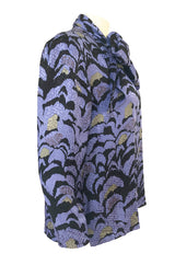 1980s Jean Louis Scherrer Blue Printed Silk Top w Asymmetrical Tie Neck