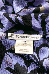 1980s Jean Louis Scherrer Blue Printed Silk Top w Asymmetrical Tie Neck