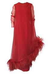 1960s Unlabeled Red Silk Chiffon Caftan Dress w Red Feather Trim