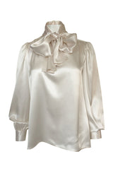Luxurious 1970s Yves Saint Laurent Ivory Cream Silk Satin Tie Top Blouse