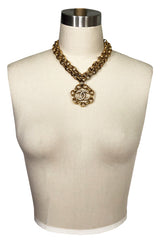 2003 Chanel Gold & Crystal Medallion Large Link Chain Necklace