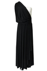 1980s Bill Blass Draped Black and White Jersey One Shoulder Dress