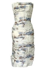 1950s Philip Hulitar Couture Floral Printed Silk Knife Pleated Dress