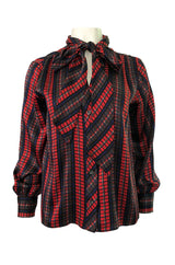 1970s Yves Saint Laurent Red Silk Silk Top w Tie Neck