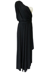 1980s Bill Blass Draped Black and White Jersey One Shoulder Dress
