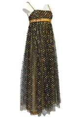 Fall 1968 James Galanos Couture Metallic Gold and Silver Detail on Net Dress