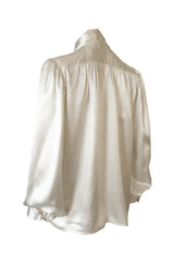 Luxurious 1970s Yves Saint Laurent Ivory Cream Silk Satin Tie Top Blouse